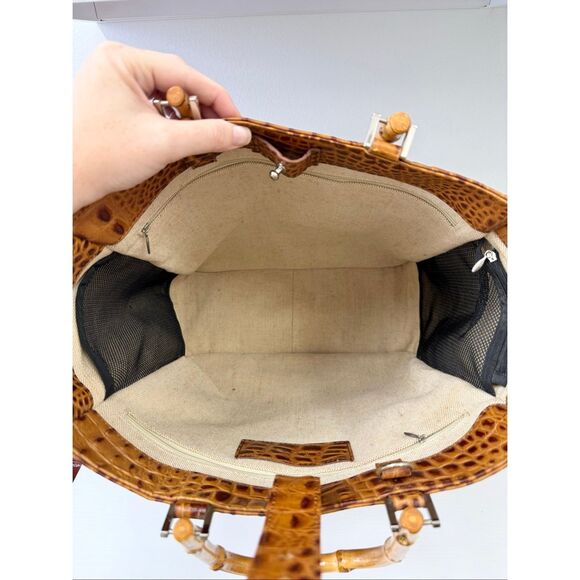 Eric Brand Brown Alligator Embossed Large Travel Tote Work Bag Bamboo Handle - Picture 8 of 12